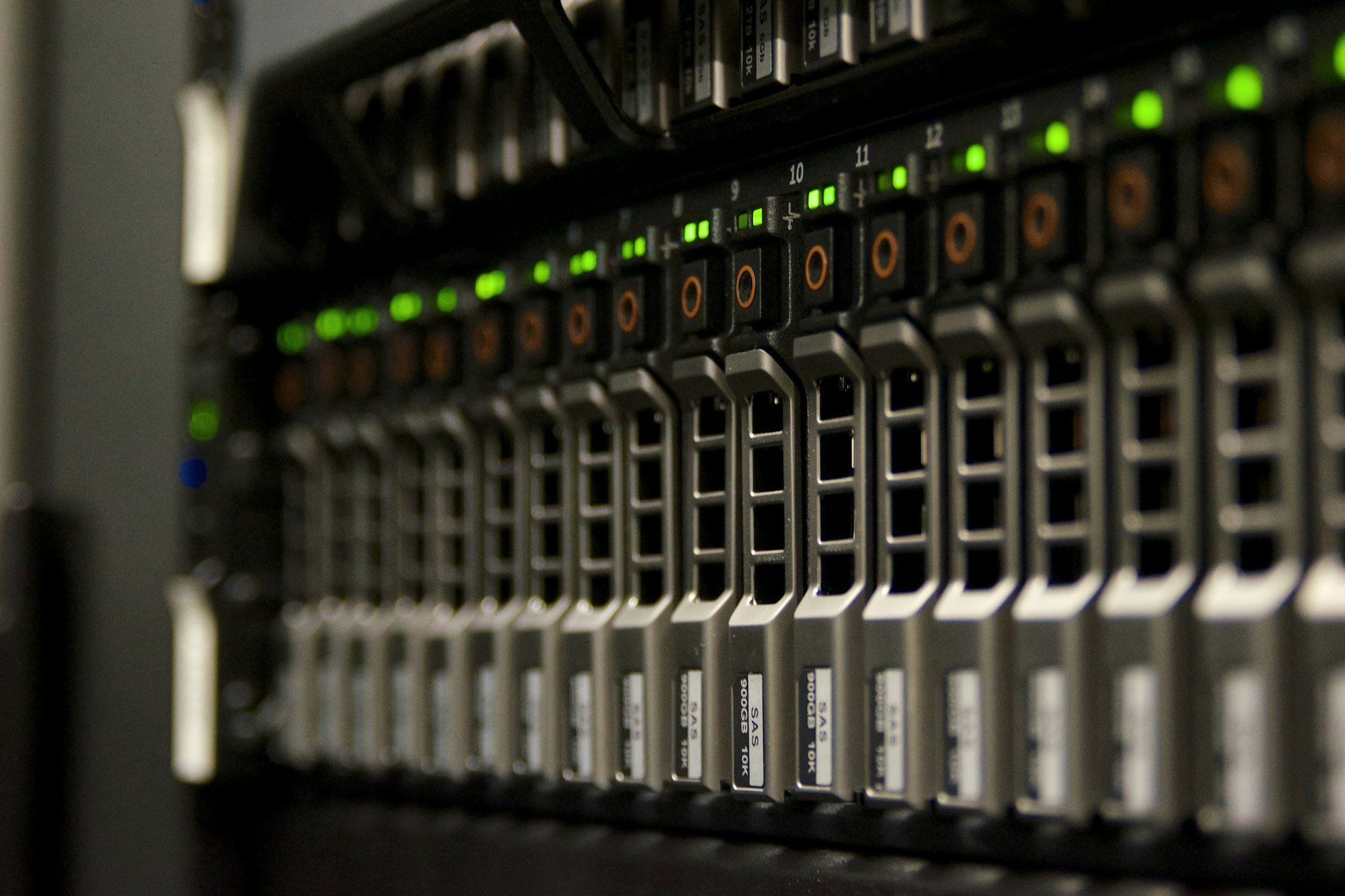 Server units with status lights in a rack